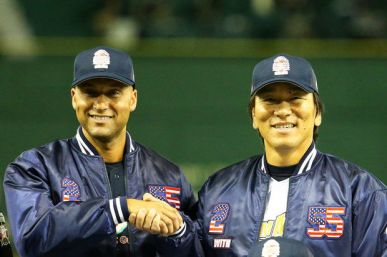 Derek Jeter and Hideki Matsui at the charity baseball game in Tokyo. 